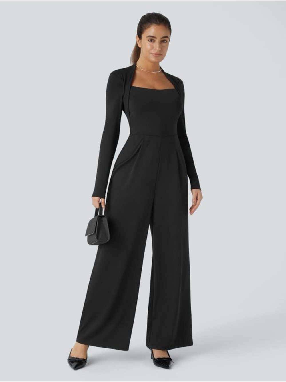 Halara Long Sleeve Wide Leg Jumpsuit Build in Bra Stretchy Shruggie S Black